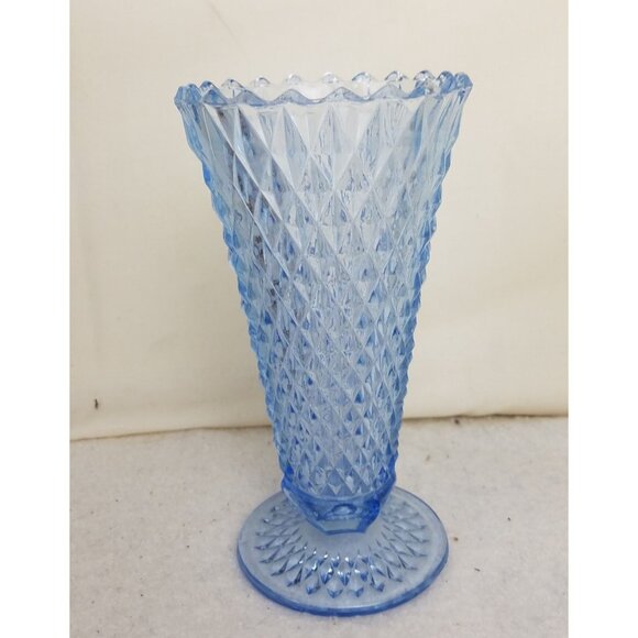 Indiana Glass Diamond Point Blue Pedestal Vase 8 in tall Vtg - Picture 1 of 8